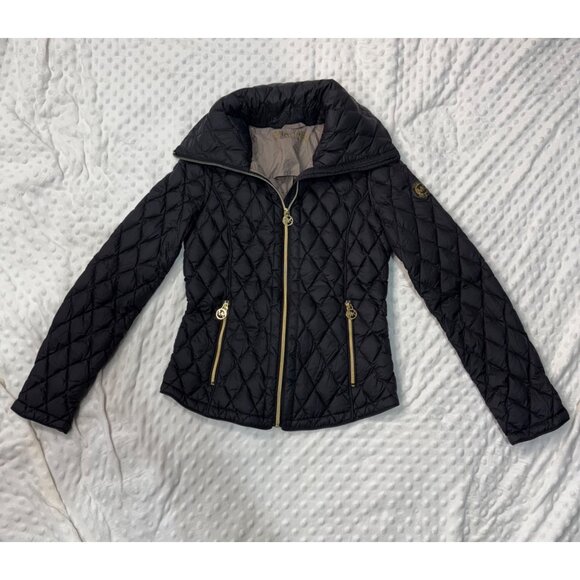 MICHAEL KORS Black Lightweight Diamond Quilted Down Jacket Gold Hardware Sz XS - Picture 1 of 9